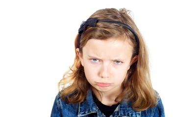 Girl looking sad against white background