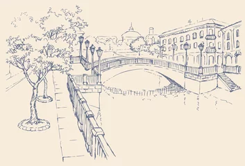 Papier Peint photo Lavable Illustration Paris Paysage urbain de vecteur. Maisons sur le canal et le pont de la rivière