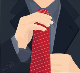 Businessman in a suit straightens his tie. Vector illustration.