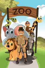 Poster Zoo Dierenverzorger en wilde dieren