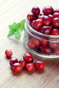 Cranberries in a glass jar, closeup shot