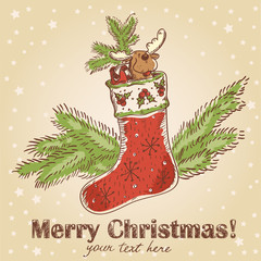 Christmas hand drawn postcard with stocking © Yuzach