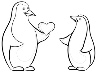 Penguins with Valentine heart, contours