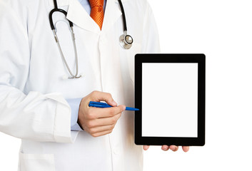 Doctor pointing Your Text at digital tablet