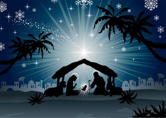 Holy Family in Bethlehem silhouette - obrazy, fototapety, plakaty