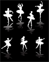 seven white ballet dancers with reflections