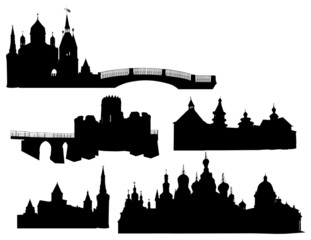 set of isolated castle silhouettes