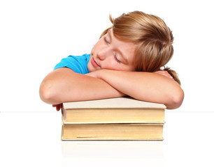 Tired schoolgirl with book.