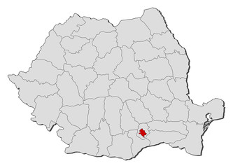 Map of Romania, Bucharest highlighted
