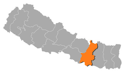 Obraz premium Map of Nepal, Janakpur highlighted
