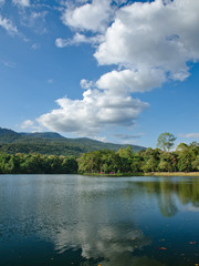 White clouds on blue sky and bright in the reservoir