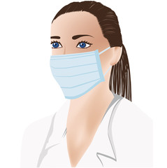 female doctor with medical mask on face, white uniform