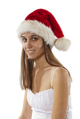 Pretty young woman is Santa's helper white dress