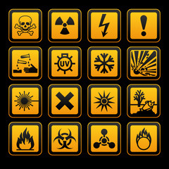 Hazard symbols orange vectors sign, on black background