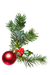 Christmas decoration with holly and bauble.