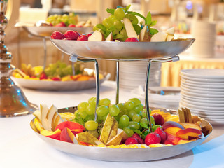 Fruit dish, close up on two tiered fruit dishes