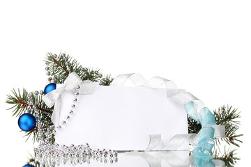 blank postcard, Christmas balls and fir-tree isolated on white