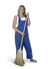 blond boilersuit girl with besom