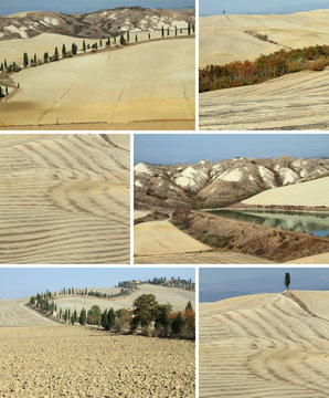 collage with arid landscape in Tuscany, Crete Senesi