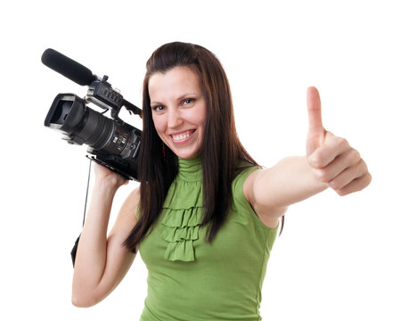 pretty girl holding HDV camcorder isolated on white