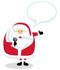 Cartoon Santa with microphone and speech bubble isolated