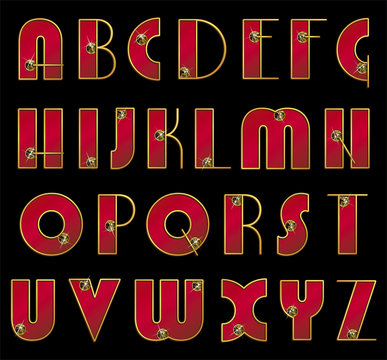 ABC. Vector font. Ornate initials red color in gold