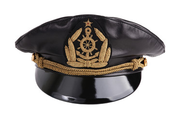 Navy black leather cap with an emblem