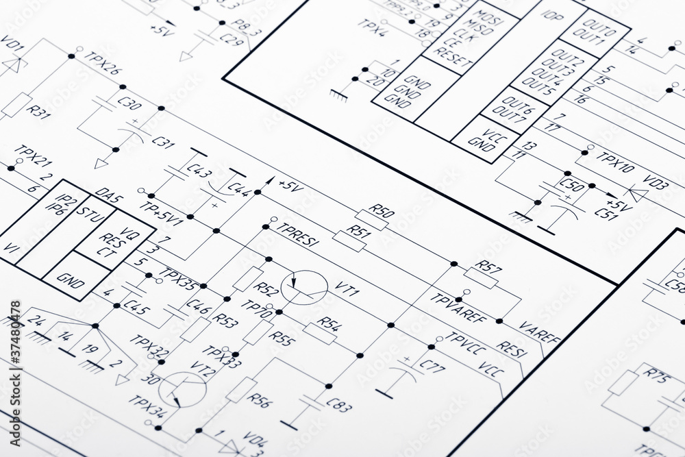 Wall mural detailed drawing of electrical circuits