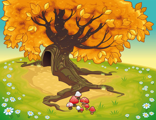 Tree in autumnal landscape. Vector coloured illustration