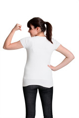 Young girl showing the back of her t-shirt