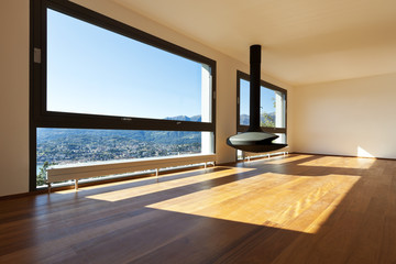 Modern apartment, large living room with panoramic view