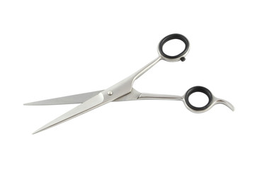 Scissors black handle hairdresser on white background.