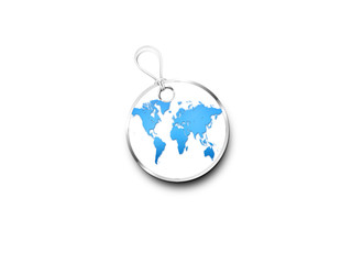 Silver Tag Marked With  A World Map In Blue