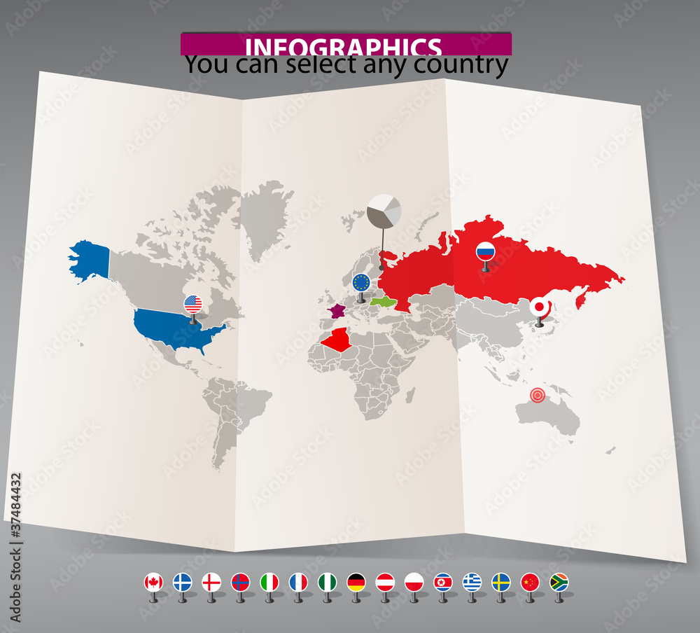 Poster world map on old map and flags of different countries.