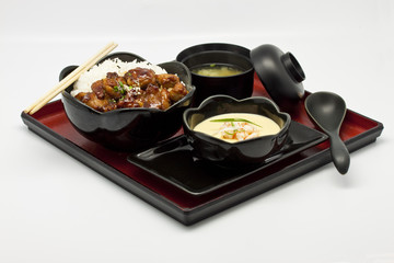 rice under fried pork and miso soup