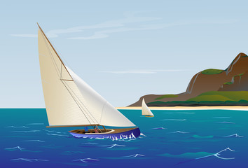 Sailing in sport sail yacht with background.