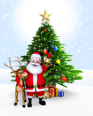 Santa with reindeer standing near Christmas tree.
