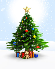 Christmas tree with gifts and teddy