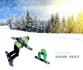 Snowboarder jumping through air with deep blue sky in background