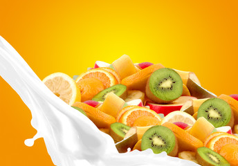 Splashing milk with fruit mix