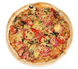delicious pizza with sausage and vegetables isolated on white