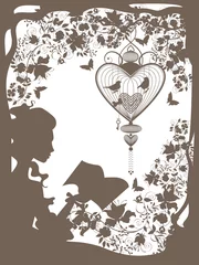 Photo sur Plexiglas Oiseaux en cages Illustration graphique vintage avec livre de lecture de personnage de fille.