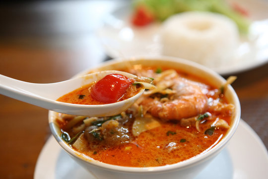 Tom Yum soup , a Thai traditional spicy prawn soup