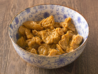 close up of a bowl of vegetarian mock meat