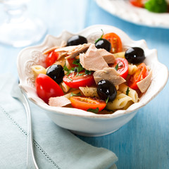 Pasta salad with tun and black olives