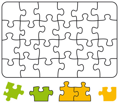 Jigsaw puzzle in the form of a rectangle with single pieces which can be individually removed and arranged. Illustration on white background. Vector.