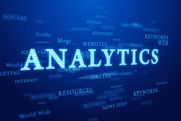 Analytics. Words cloud on blue background.