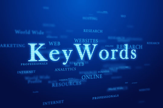 Keywords. Words cloud on blue background.
