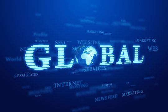 Global. Words cloud on blue background.