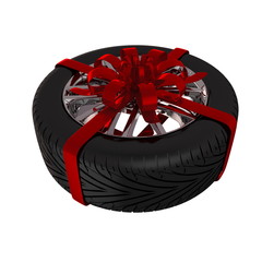 Tire with ribbon - 3d render. Isolated on white background